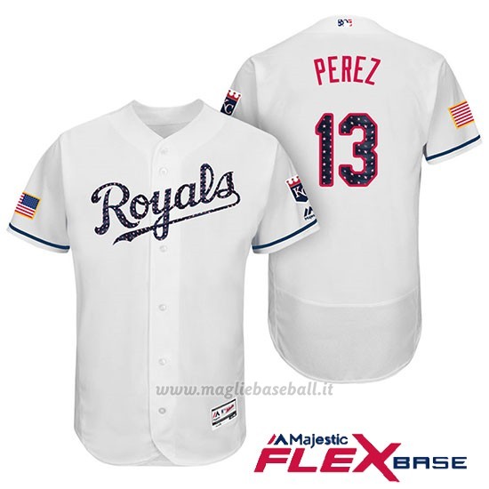 Maglia Baseball Uomo Kansas City Royals 2017 Estrellas y Rayas Salvador Perez Bianco Flex Base